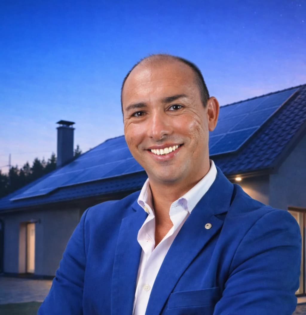 Consulente Eco Voltage davanti a una casa con impianto fotovoltaico